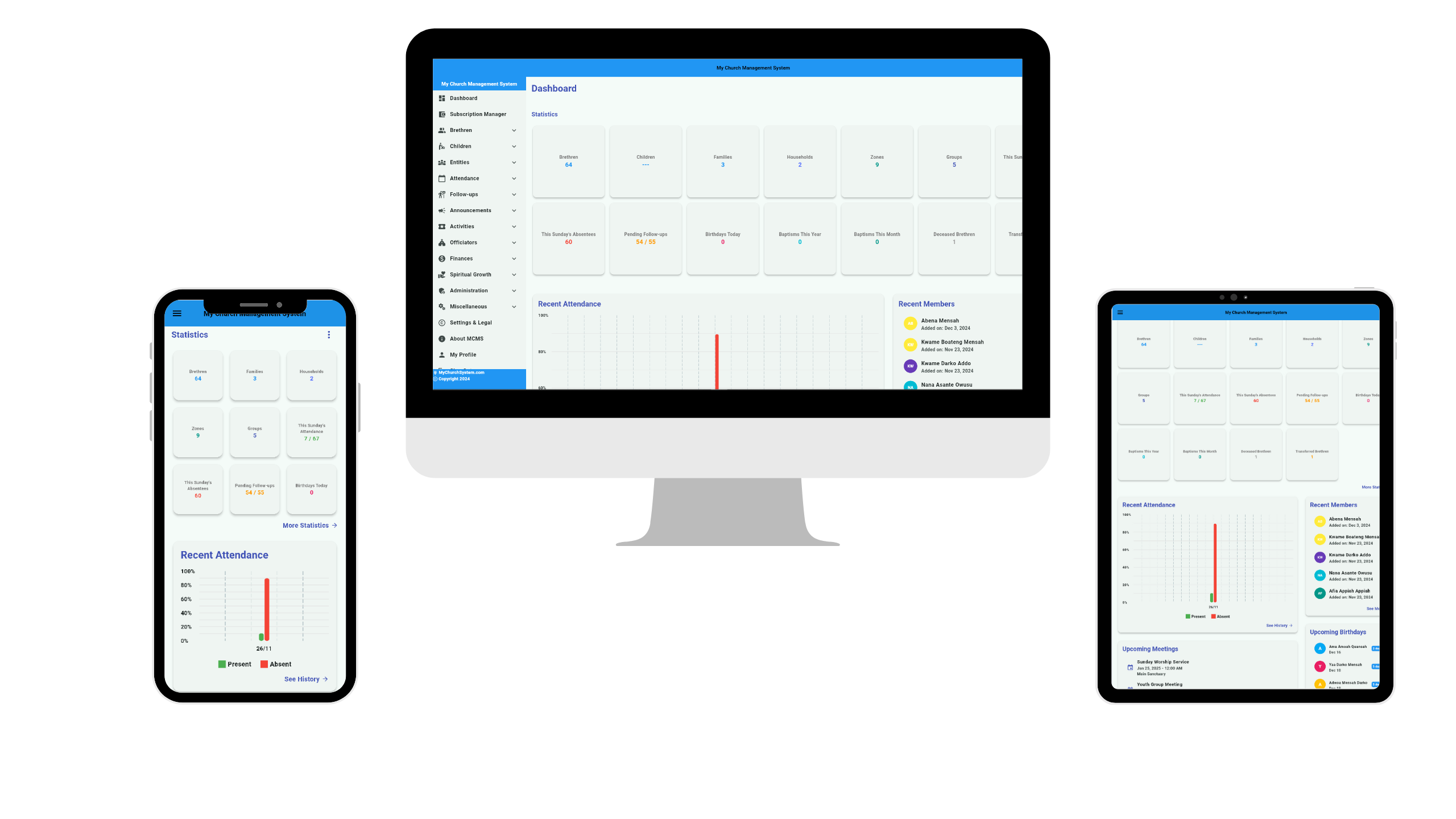 My Church System Church Management Software Dashboard Interface Shown on Desktop Computer, Tablet and Mobile Phone Devices